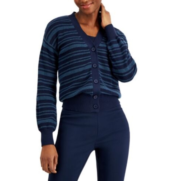 ALFANI Striped Button-Front Cardigan Sweater Large Navy - Picture 1 of 11